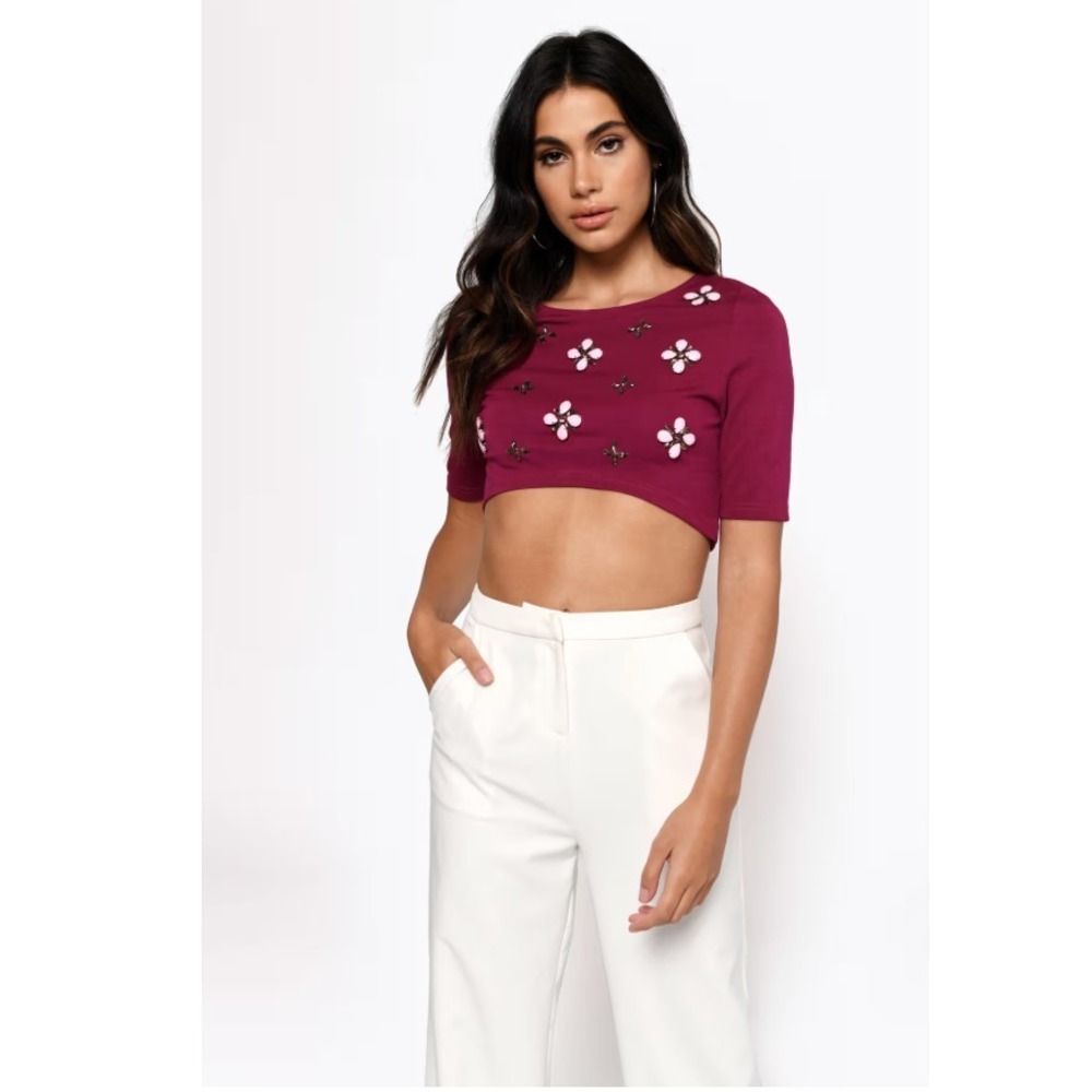 Tobi Women's Shining Star Crop Top Burgendy‎ Beaded Boho Festival XS